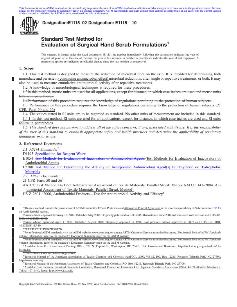 REDLINE ASTM E1115-10 - Standard Test Method for Evaluation of Surgical Hand Scrub Formulations