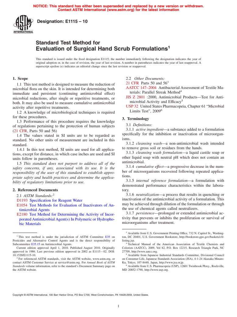 ASTM E1115-10 - Standard Test Method for Evaluation of Surgical Hand Scrub Formulations