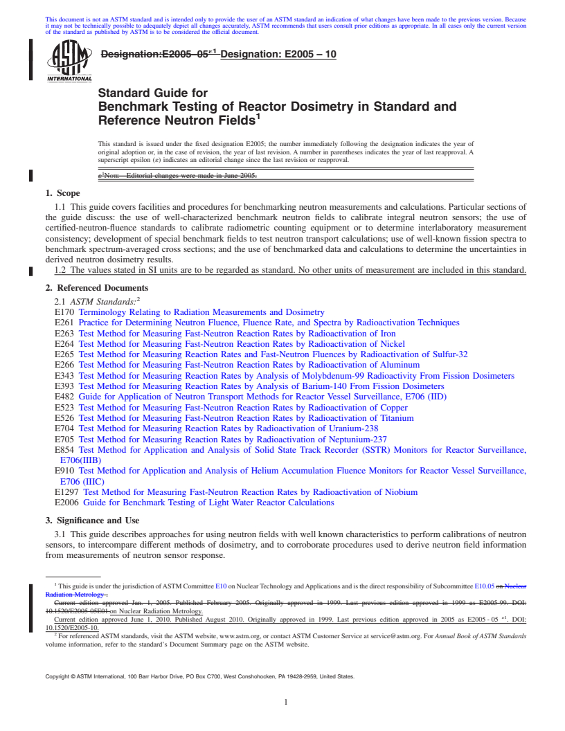 REDLINE ASTM E2005-10 - Standard Guide for Benchmark Testing of Reactor Dosimetry in Standard and Reference Neutron Fields