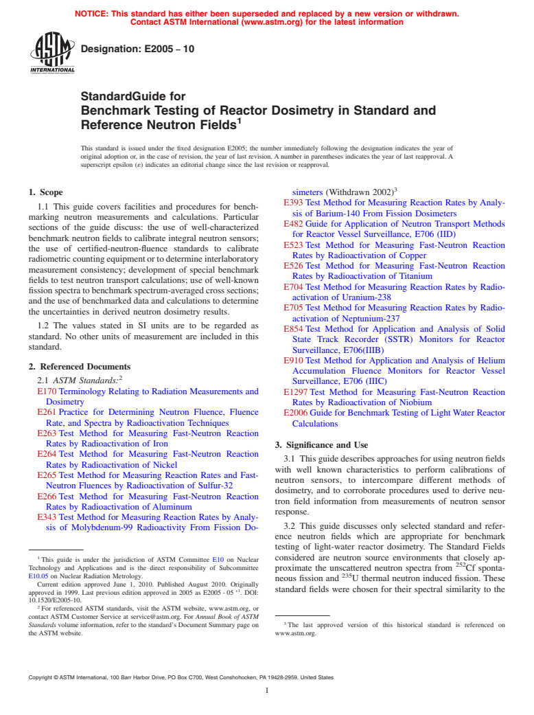 ASTM E2005-10 - Standard Guide for Benchmark Testing of Reactor Dosimetry in Standard and Reference Neutron Fields