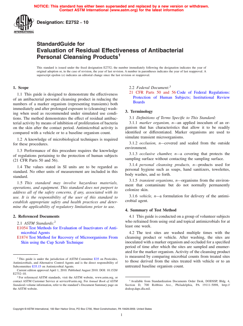 ASTM E2752-10 - Standard Guide for Evaluation of Residual Effectiveness of Antibacterial Personal Cleansing Products