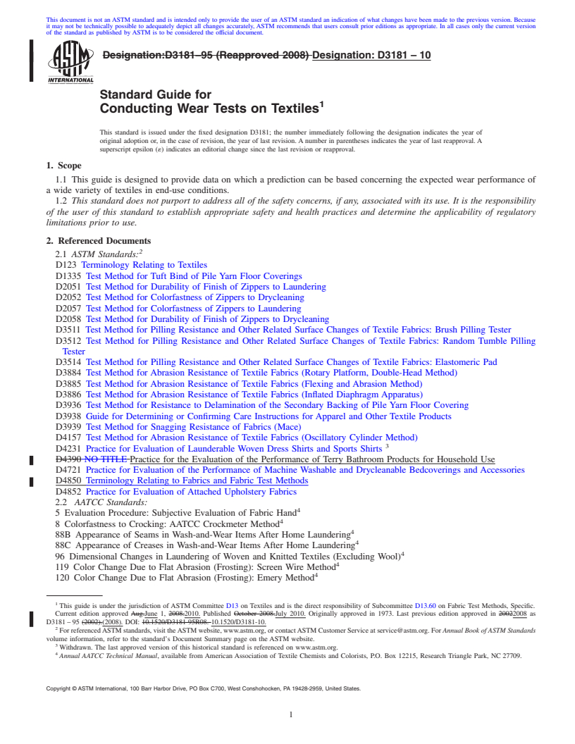 REDLINE ASTM D3181-10 - Standard Guide for Conducting Wear Tests on Textiles