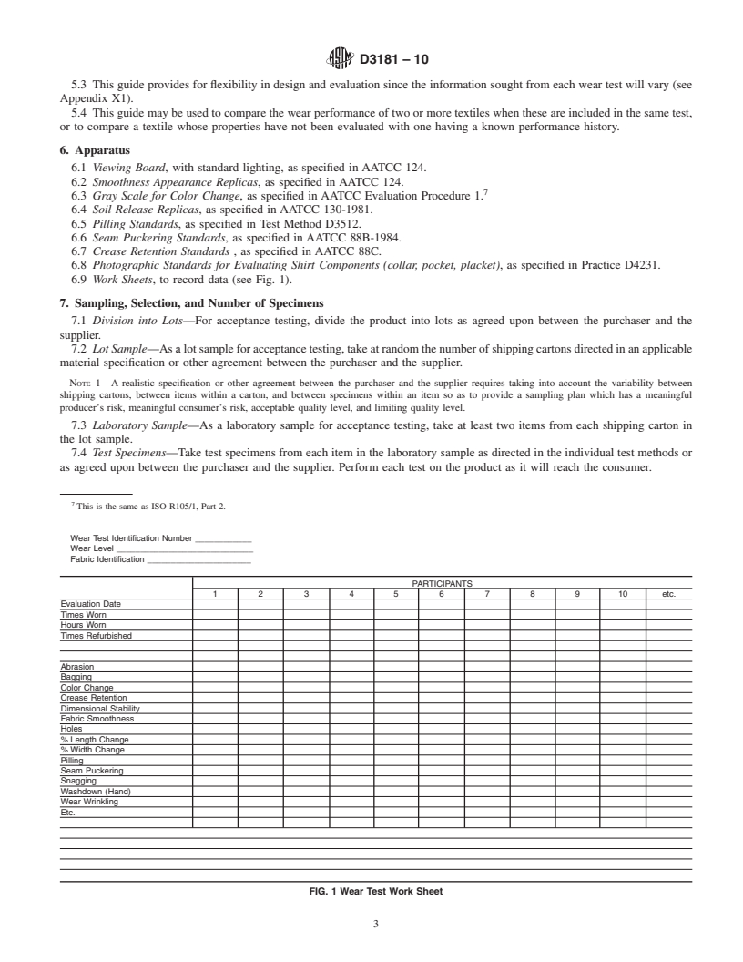 REDLINE ASTM D3181-10 - Standard Guide for Conducting Wear Tests on Textiles