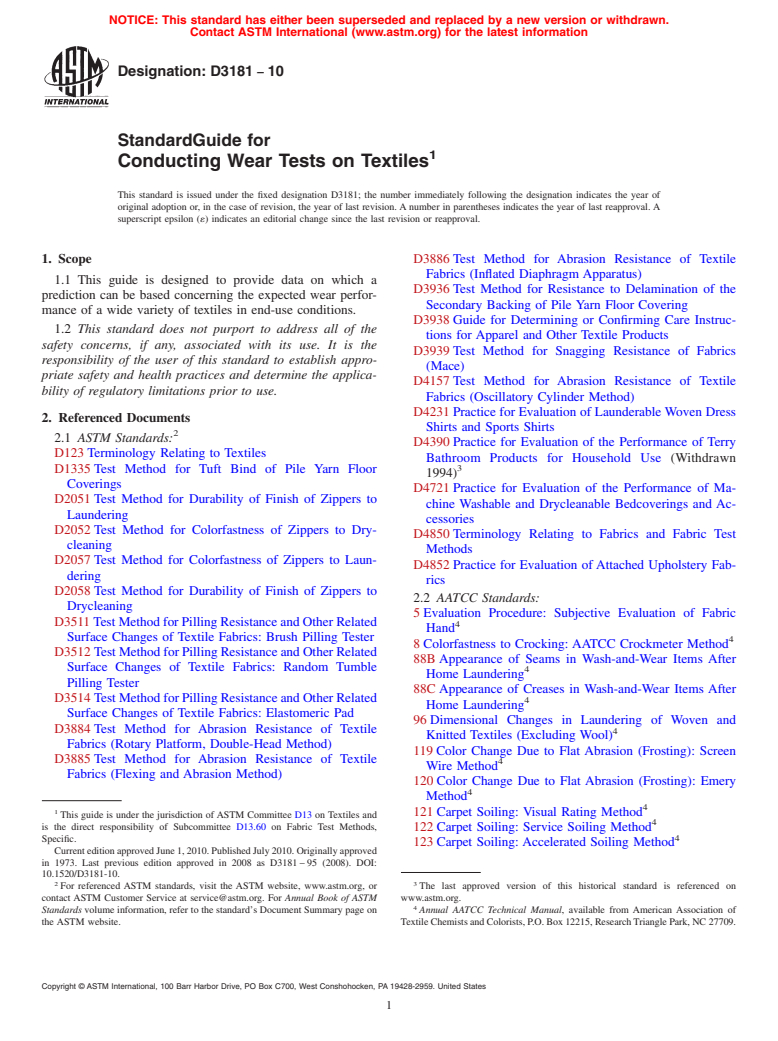 ASTM D3181-10 - Standard Guide for Conducting Wear Tests on Textiles