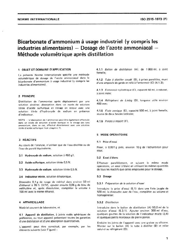 ISO 2515:1973 - Bicarbonate d'ammonium a usage industriel (y compris les industries alimentaires) -- Dosage de l'azote ammoniacal -- Méthode volumétrique apres distillation