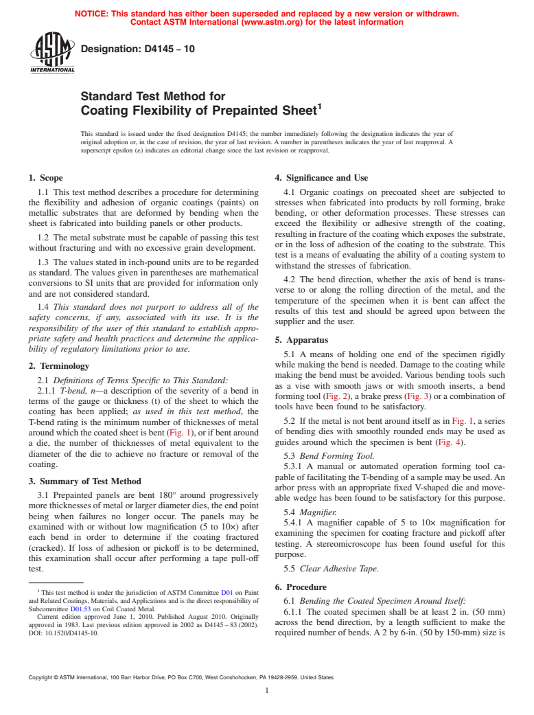 ASTM D4145-10 - Standard Test Method for Coating Flexibility of Prepainted Sheet