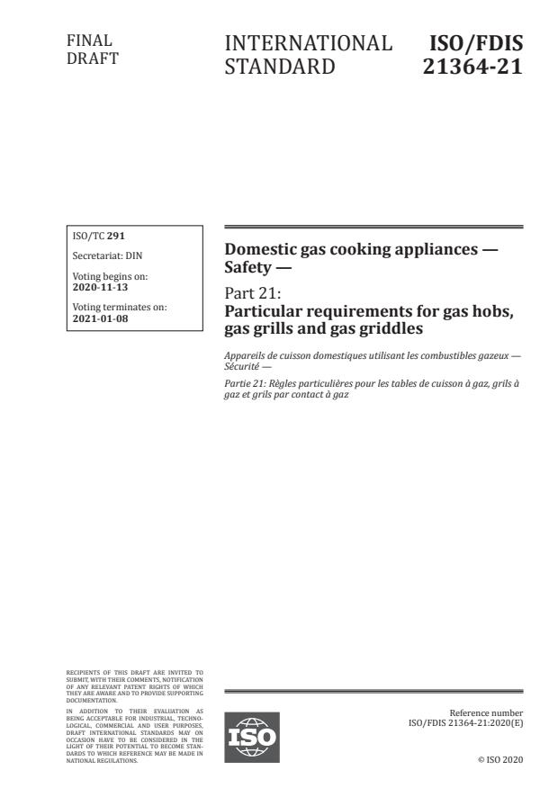 ISO/FDIS 21364-21:Version 07-nov-2020 - Domestic gas cooking appliances -- Safety