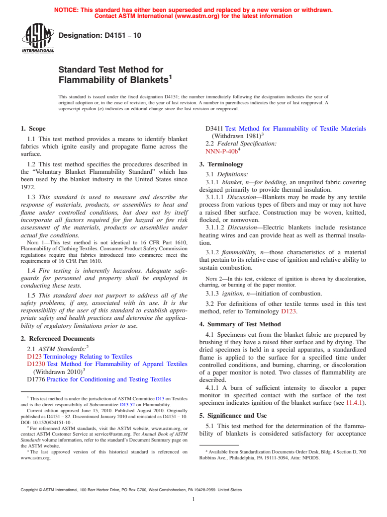 ASTM D4151-10 - Standard Test Method for Flammability of Blankets