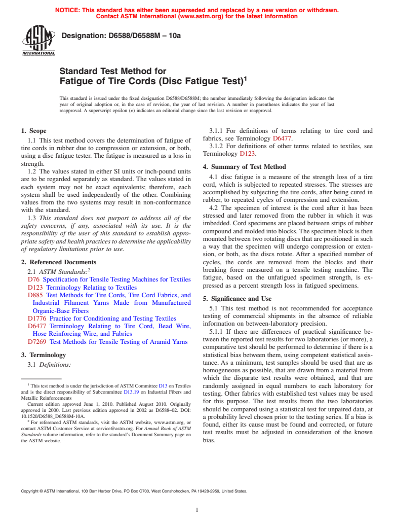 ASTM D6588/D6588M-10a - Standard Test Method for Fatigue of Tire Cords (Disc Fatigue Test)