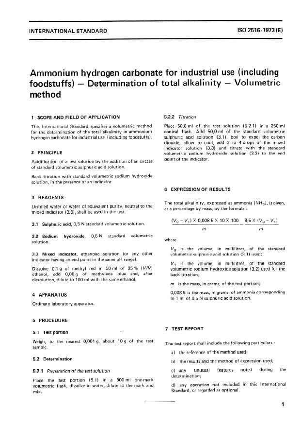 ISO 2516:1973 - Ammonium hydrogen carbonate for industrial use (including foodstuffs) -- Determination of total alkalinity -- Volumetric method
