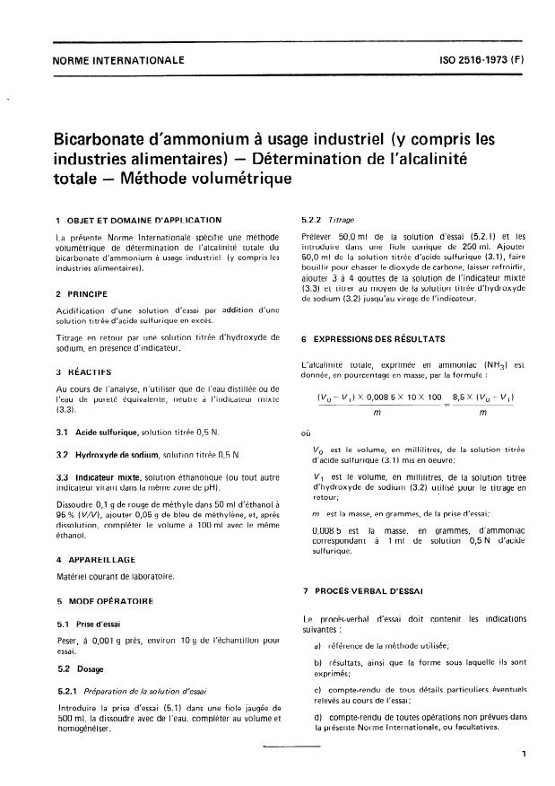 ISO 2516:1973 - Bicarbonate d'ammonium a usage industriel (y compris les industries alimentaires) -- Détermination de l'alcalinité totale -- Méthode volumétrique