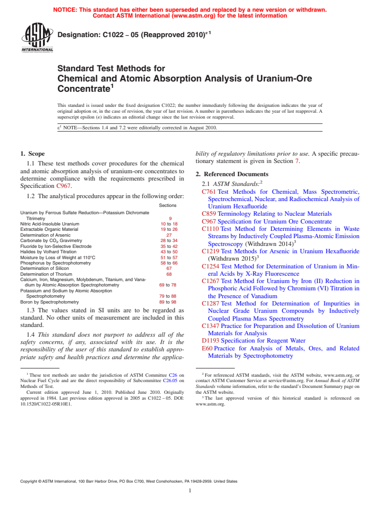 ASTM C1022-05(2010)e1 - Standard Test Methods for Chemical and Atomic Absorption Analysis of Uranium-Ore Concentrate