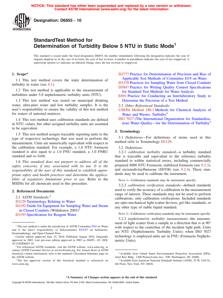 ASTM D6855-10 - Standard Test Method for Determination of Turbidity Below 5 NTU in Static Mode