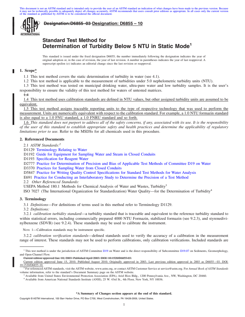 REDLINE ASTM D6855-10 - Standard Test Method for Determination of Turbidity Below 5 NTU in Static Mode