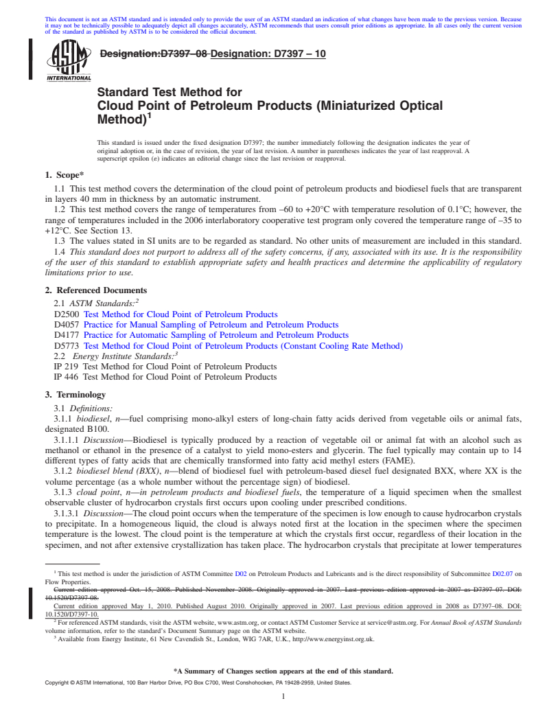 REDLINE ASTM D7397-10 - Standard Test Method for Cloud Point of Petroleum Products (Miniaturized Optical Method)