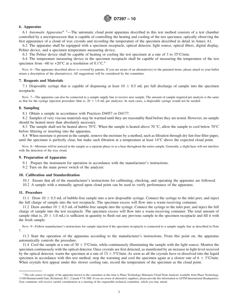 REDLINE ASTM D7397-10 - Standard Test Method for Cloud Point of Petroleum Products (Miniaturized Optical Method)