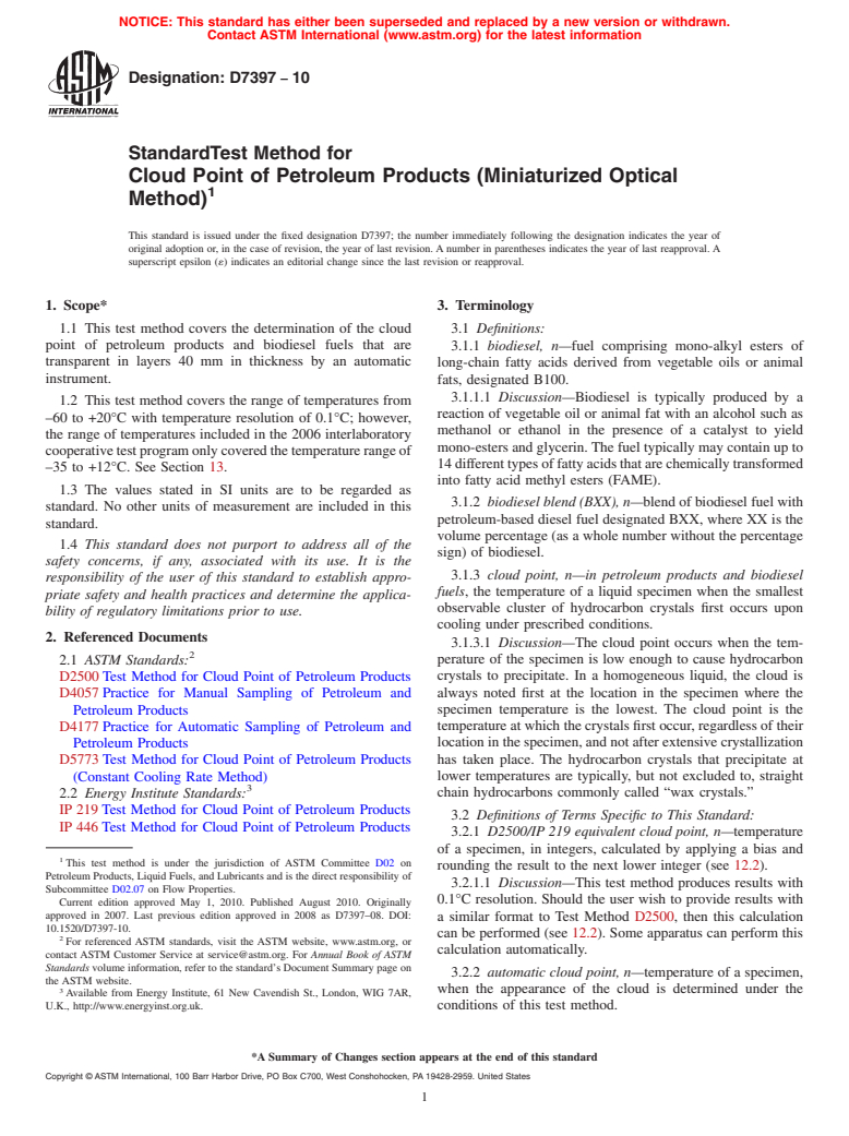 ASTM D7397-10 - Standard Test Method for Cloud Point of Petroleum Products (Miniaturized Optical Method)