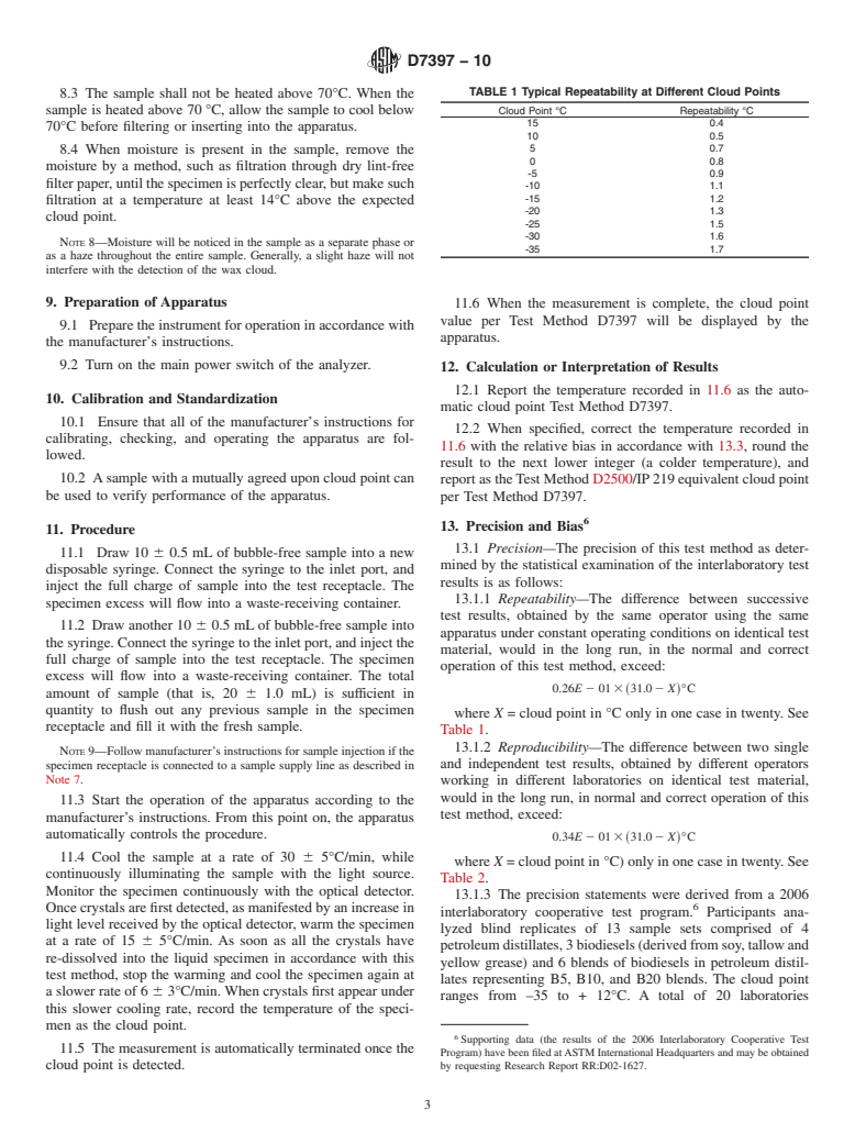 ASTM D7397-10 - Standard Test Method for Cloud Point of Petroleum Products (Miniaturized Optical Method)