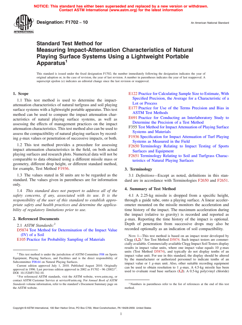 ASTM F1702-10 - Standard Test Method for  Measuring Impact-Attenuation Characteristics of Natural Playing Surface Systems Using a Lightweight Portable Apparatus