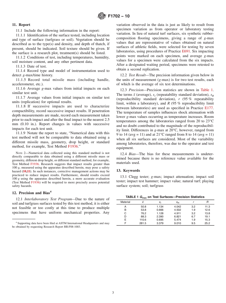 ASTM F1702-10 - Standard Test Method for  Measuring Impact-Attenuation Characteristics of Natural Playing Surface Systems Using a Lightweight Portable Apparatus