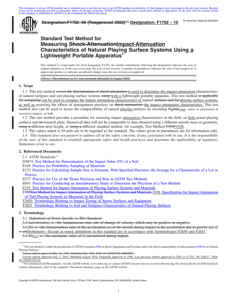 REDLINE ASTM F1702-10 - Standard Test Method for  Measuring Impact-Attenuation Characteristics of Natural Playing Surface Systems Using a Lightweight Portable Apparatus