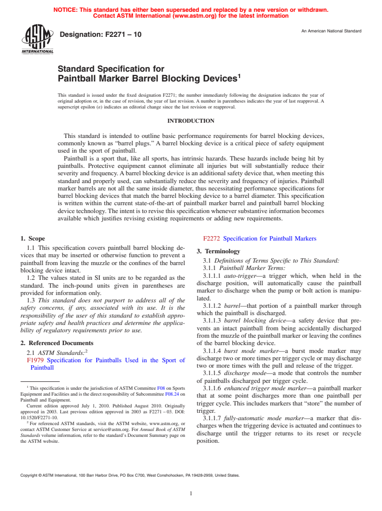 ASTM F2271-10 - Standard Specification for Paintball Marker Barrel Blocking Devices