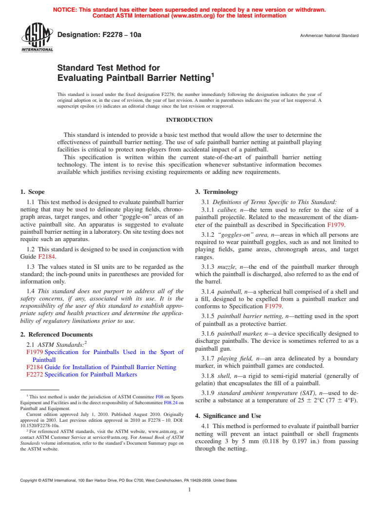 ASTM F2278-10a - Standard Test Method for Evaluating Paintball Barrier Netting