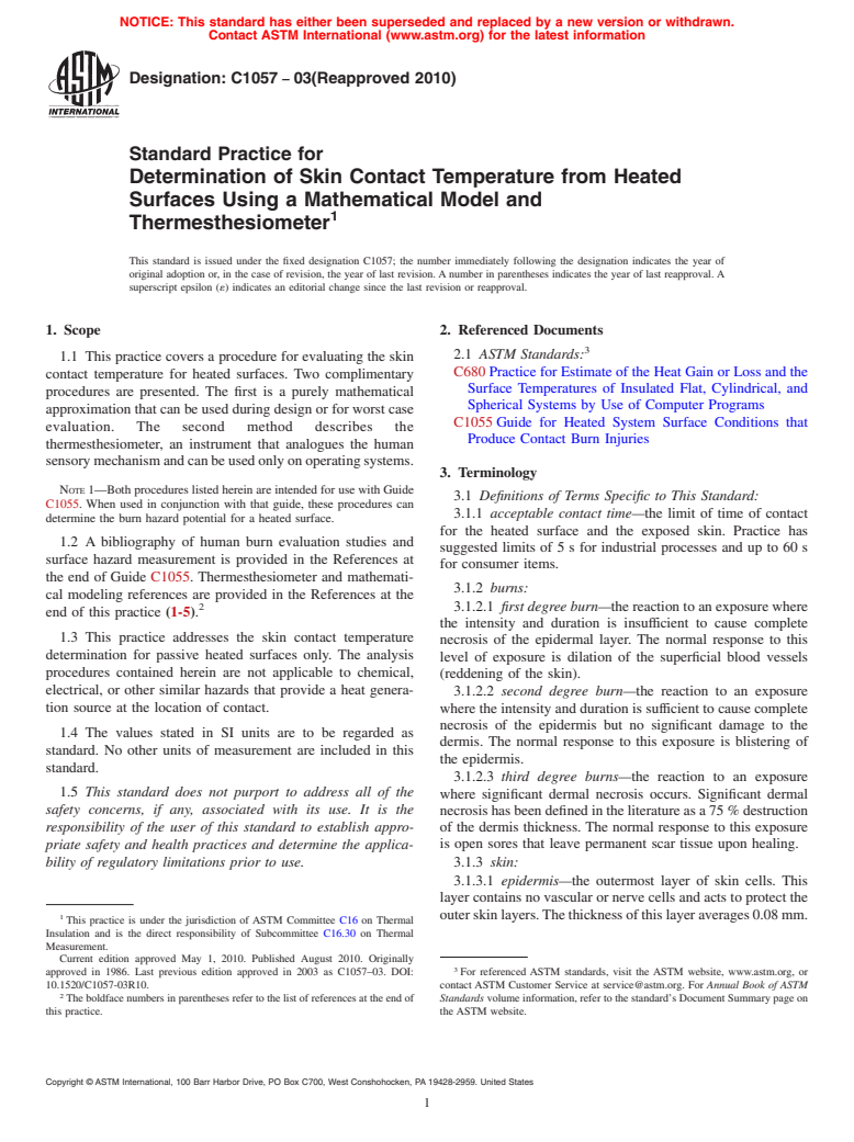 ASTM C1057-03(2010) - Standard Practice for Determination of Skin Contact Temperature from Heated Surfaces Using A Mathematical Model and Thermesthesiometer