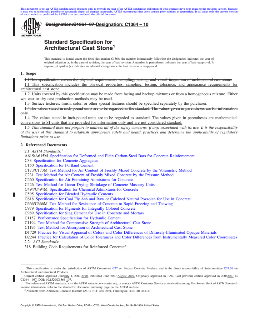 REDLINE ASTM C1364-10 - Standard Specification for Architectural Cast Stone