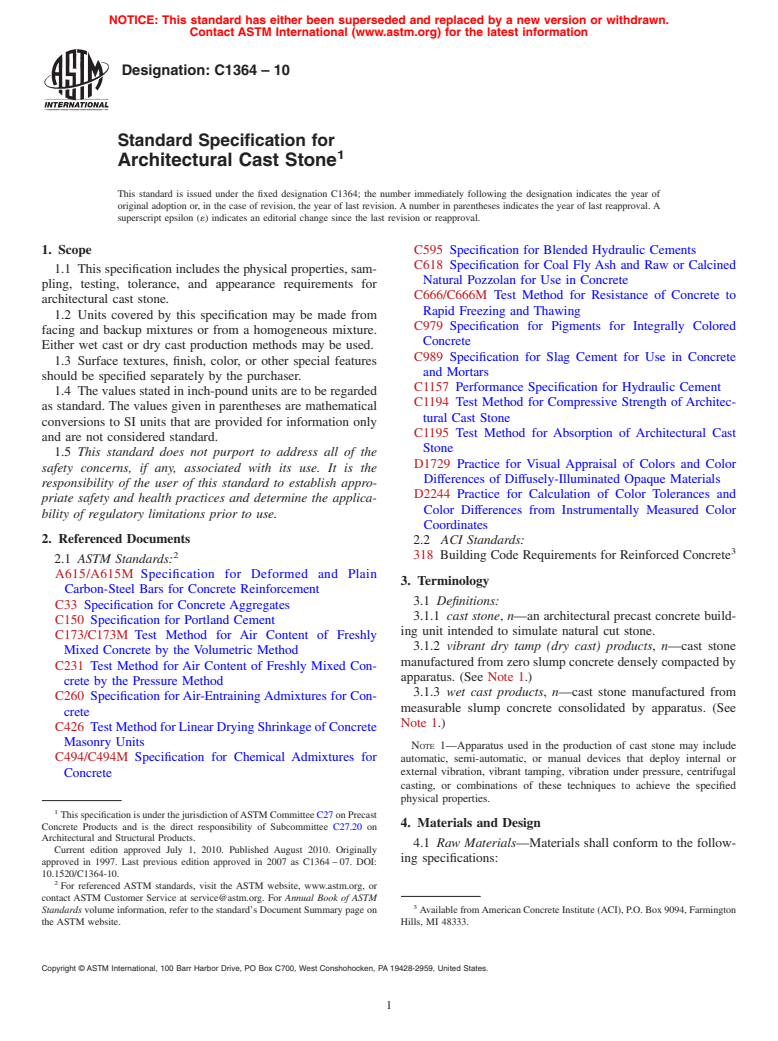 ASTM C1364-10 - Standard Specification for Architectural Cast Stone