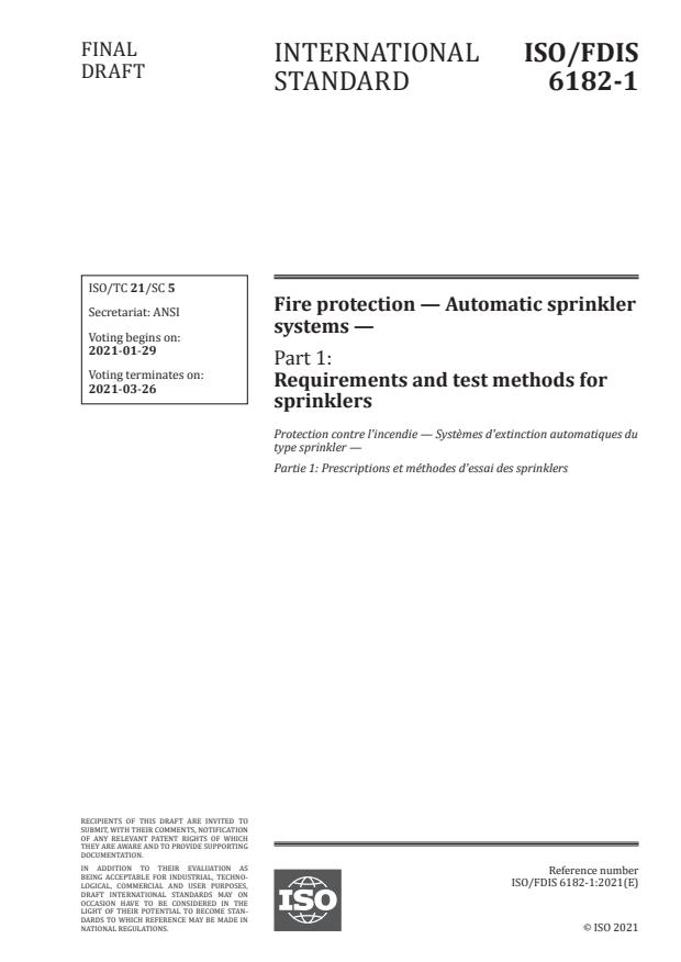 ISO/FDIS 6182-1:Version 22-jan-2021 - Fire protection -- Automatic sprinkler systems