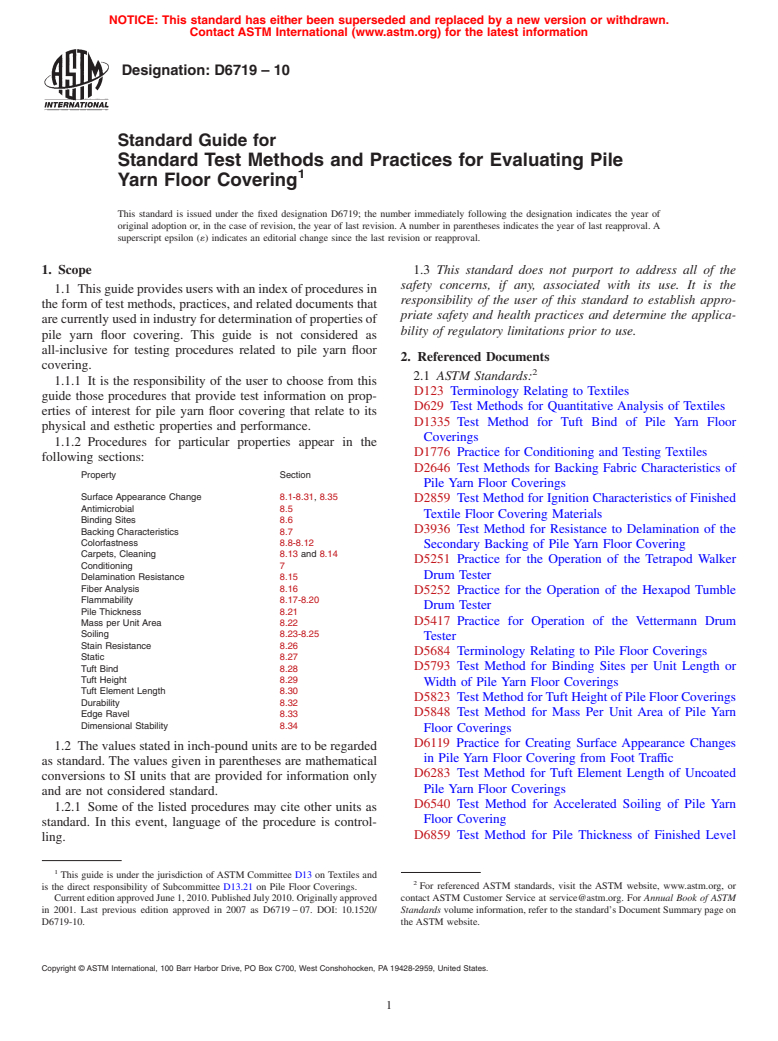 ASTM D6719-10 - Standard Guide for Standard Test Methods and Practices for Evaluating Pile Yarn Floor Covering