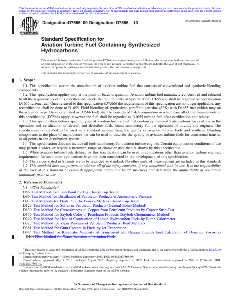 REDLINE ASTM D7566-10 - Standard Specification for Aviation Turbine Fuel Containing Synthesized Hydrocarbons