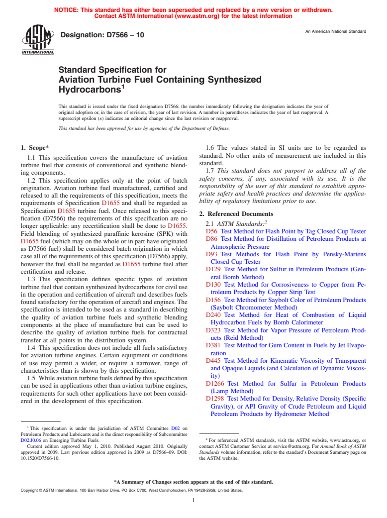 ASTM D7566-10 - Standard Specification for Aviation Turbine Fuel Containing Synthesized Hydrocarbons