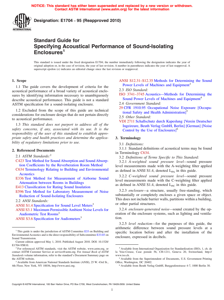 ASTM E1704-95(2010) - Standard Guide for Specifying Acoustical Performance of Sound-Isolating Enclosures