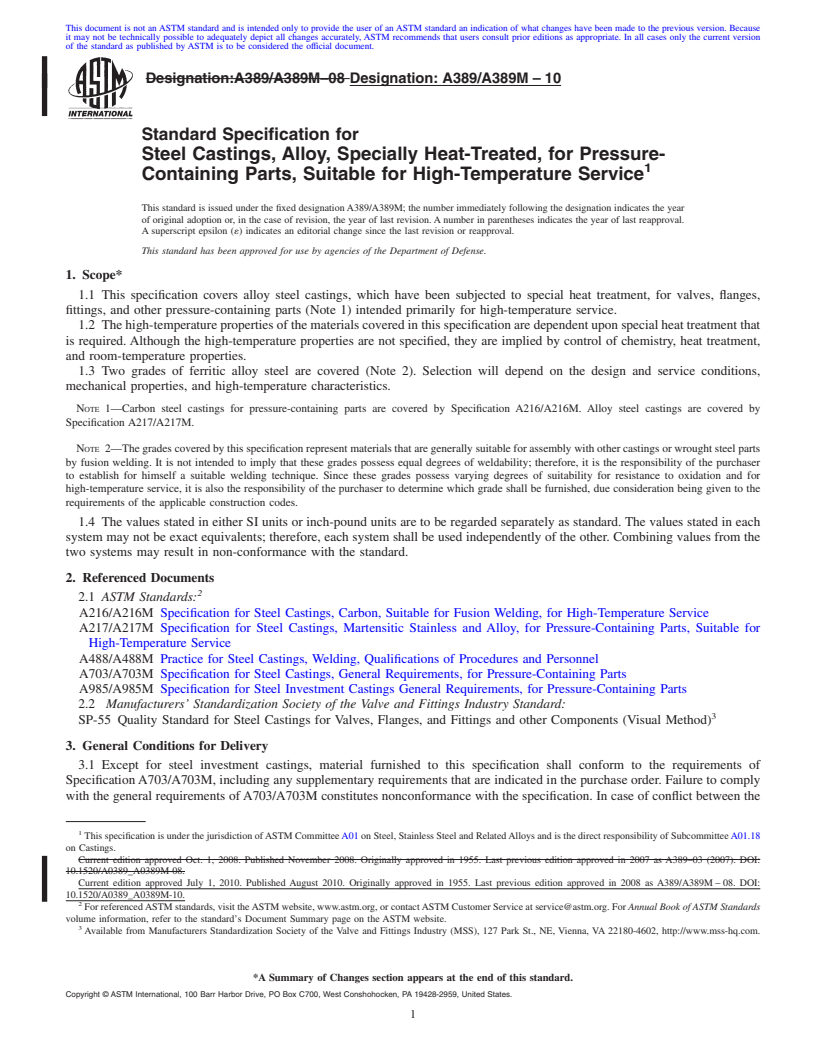 REDLINE ASTM A389/A389M-10 - Standard Specification for  Steel Castings, Alloy, Specially Heat-Treated, for Pressure-Containing Parts, Suitable for High-Temperature Service
