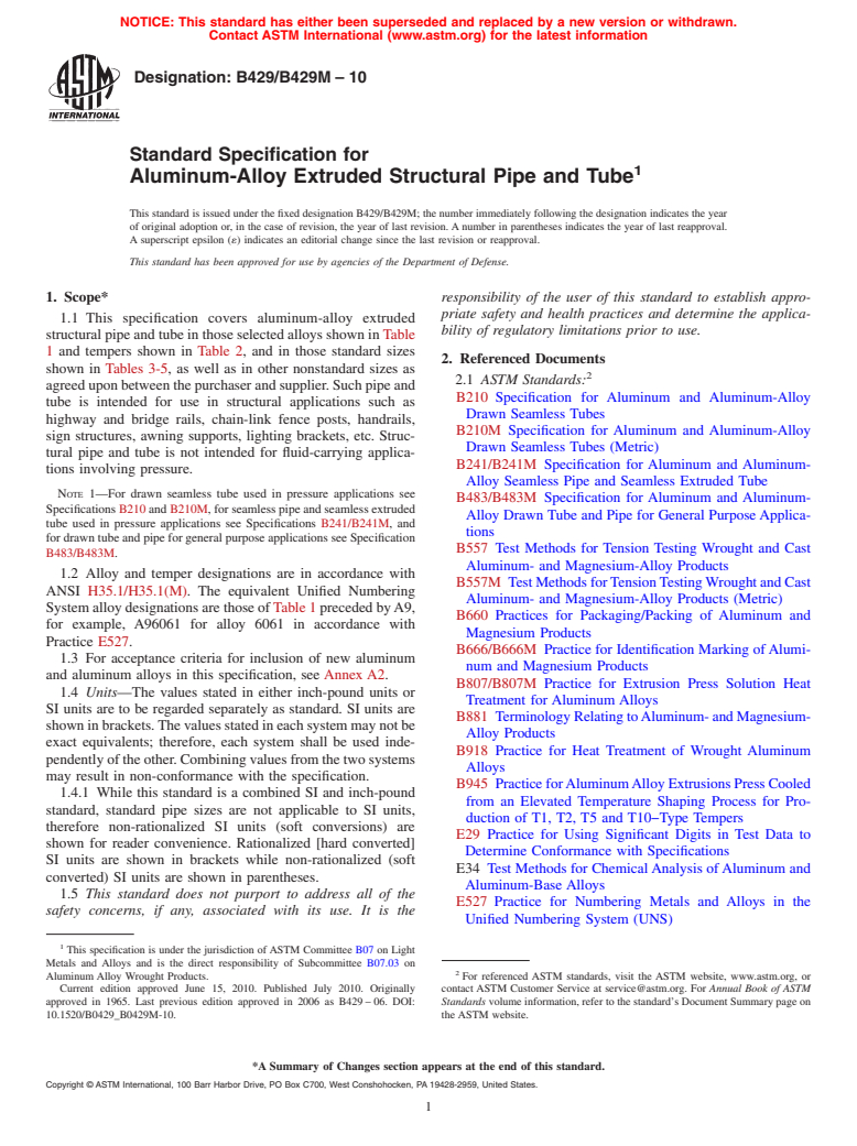 ASTM B429/B429M-10 - Standard Specification for Aluminum-Alloy Extruded Structural Pipe and Tube