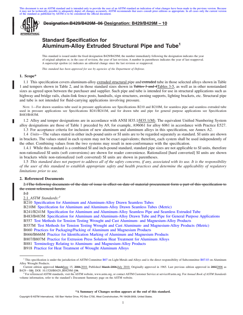 REDLINE ASTM B429/B429M-10 - Standard Specification for Aluminum-Alloy Extruded Structural Pipe and Tube