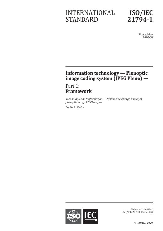 ISO/IEC 21794-1:2020 - Information technology -- Plenoptic image coding system (JPEG Pleno)