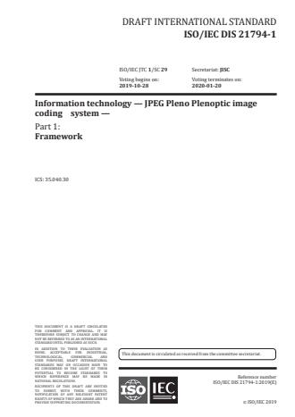 ISO/IEC FDIS 21794-1 - Information technology -- Plenoptic image coding system (JPEG Pleno)