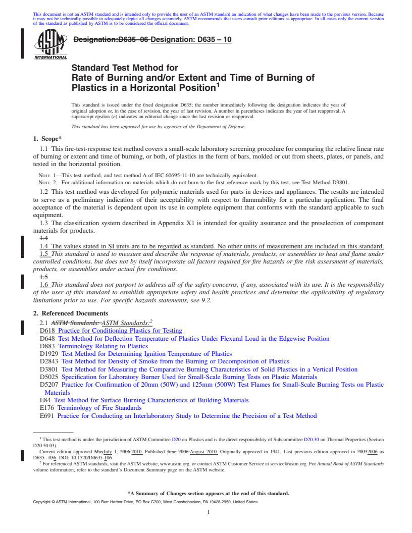 REDLINE ASTM D635-10 - Standard Test Method for Rate of Burning and/or Extent and Time of Burning of Plastics in a Horizontal Position