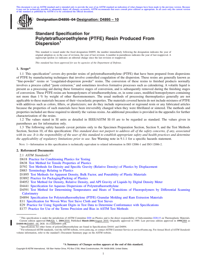 REDLINE ASTM D4895-10 - Standard Specification for Polytetrafluoroethylene (PTFE) Resin Produced From Dispersion