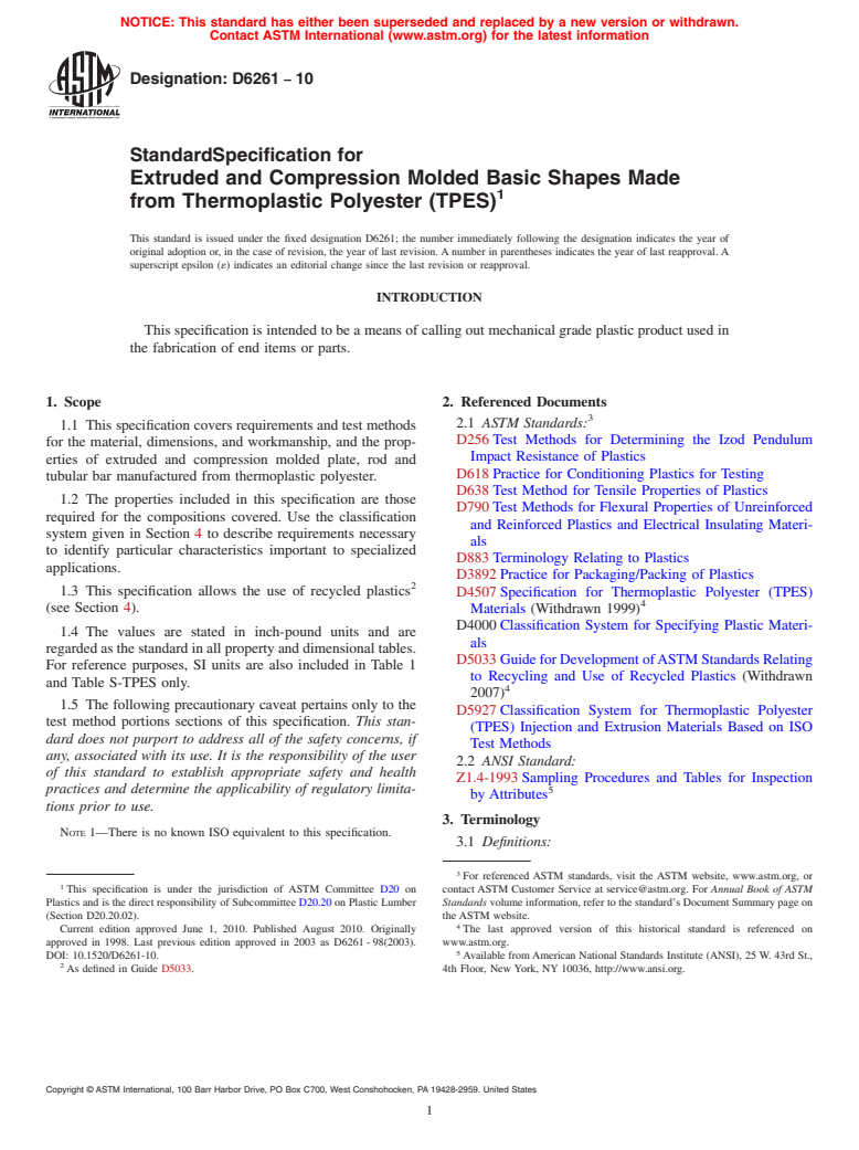 ASTM D6261-10 - Standard Specification for Extruded and Compression Molded Basic Shapes Made from Thermoplastic Polyester (TPES)