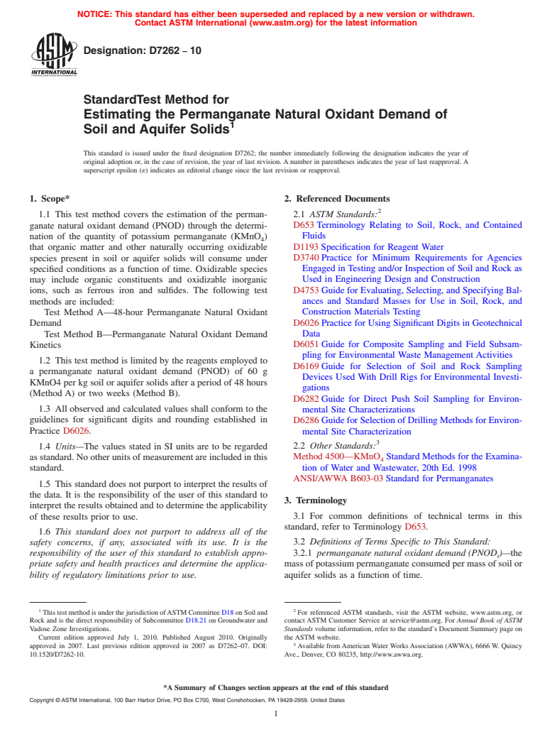 ASTM D7262-10 - Standard Test Method for Estimating the Permanganate Natural Oxidant Demand of Soil and Aquifer Solids