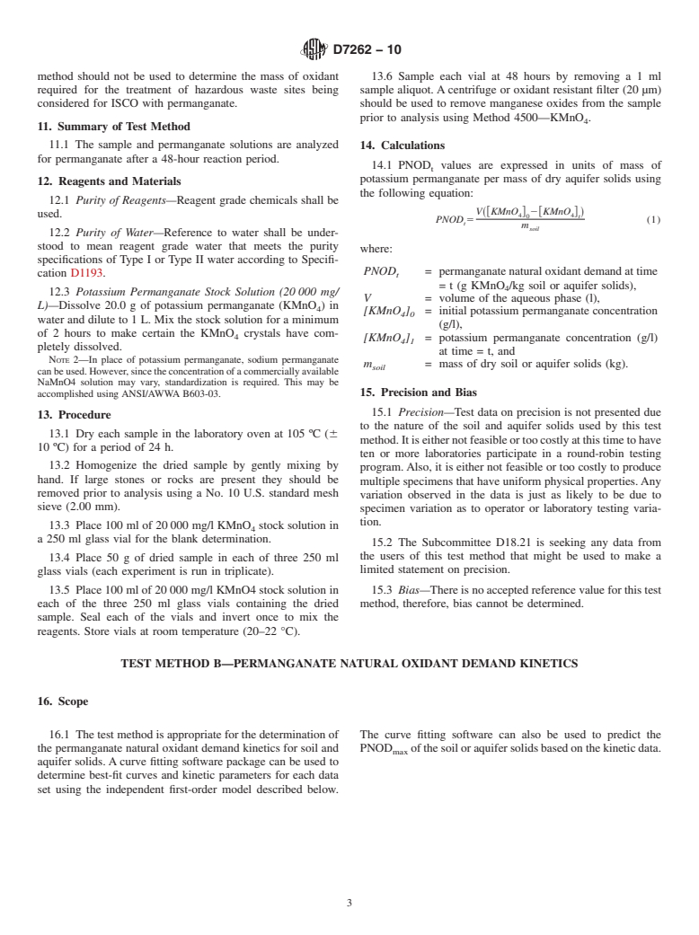 ASTM D7262-10 - Standard Test Method for Estimating the Permanganate Natural Oxidant Demand of Soil and Aquifer Solids