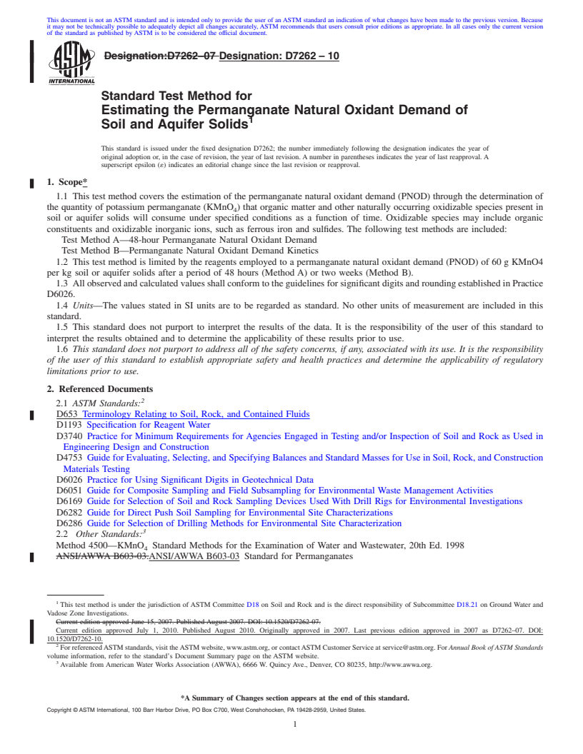 REDLINE ASTM D7262-10 - Standard Test Method for Estimating the Permanganate Natural Oxidant Demand of Soil and Aquifer Solids