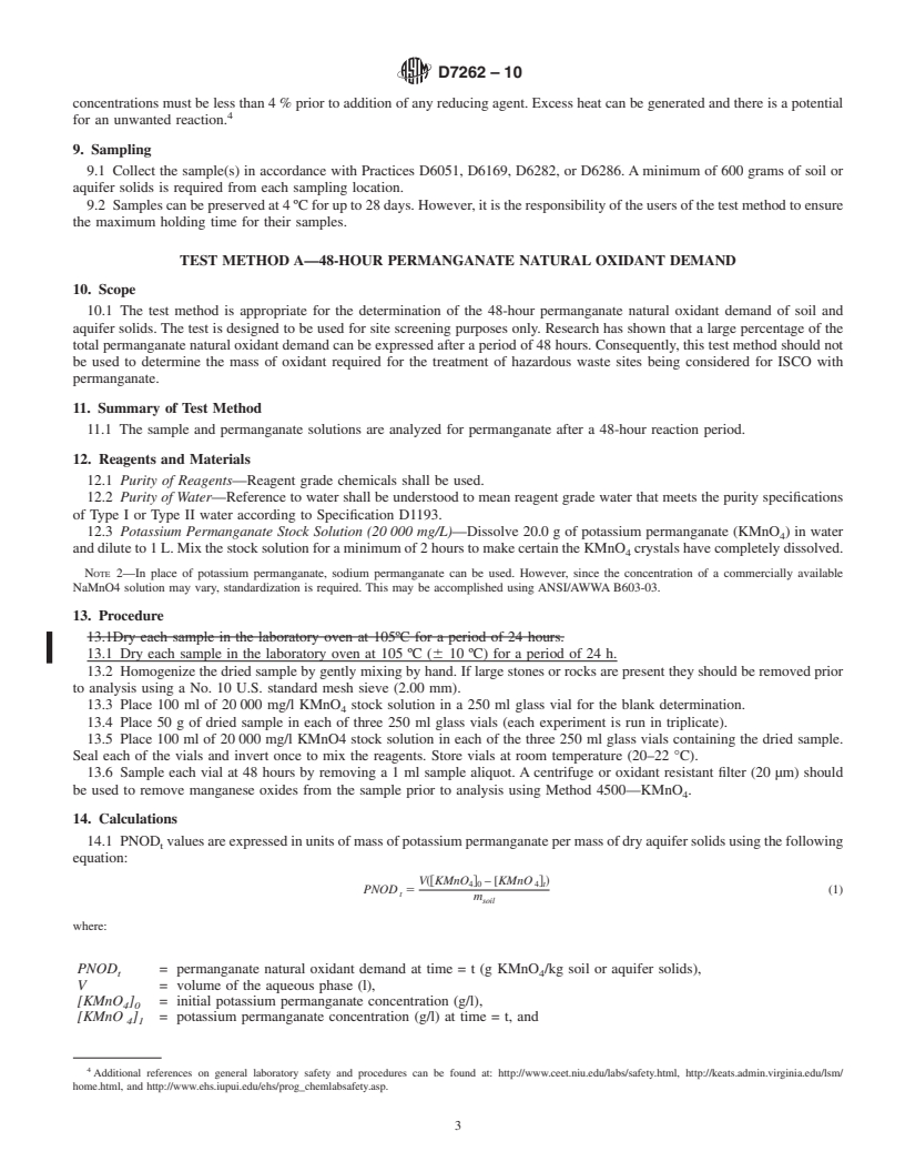 REDLINE ASTM D7262-10 - Standard Test Method for Estimating the Permanganate Natural Oxidant Demand of Soil and Aquifer Solids