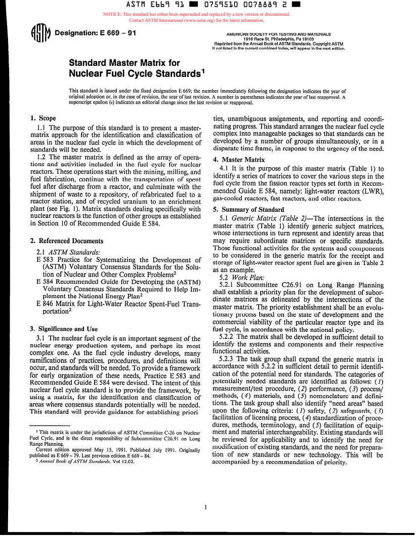 ASTM E669-91 - Master Matrix for Nuclear Fuel Cycle Standards (Withdrawn 2000)