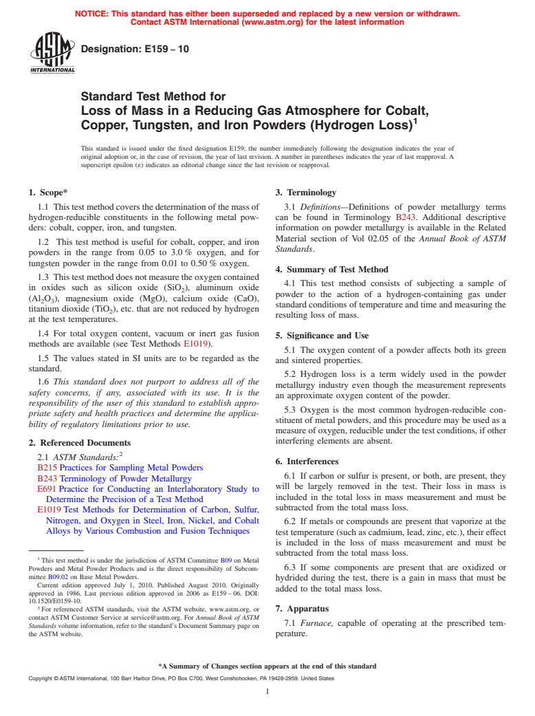 ASTM E159-10 - Standard Test Method for Loss of Mass in a Reducing Gas Atmosphere for Cobalt, Copper, Tungsten, and Iron Powders (Hydrogen Loss)