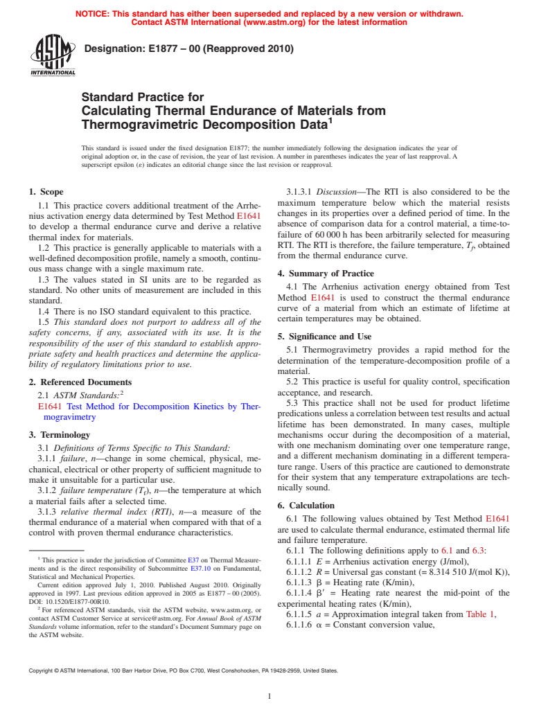 ASTM E1877-00(2010) - Standard Practice for Calculating Thermal Endurance of Materials from Thermogravimetric Decomposition Data